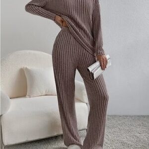 Ribbed Knit Wide-Leg Lounge Pants - Taupe